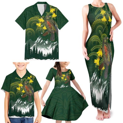 Kea Bird Kowhai New Zealand Family Matching Tank Maxi Dress and Hawaiian Shirt Mountain Landscape Maori Art