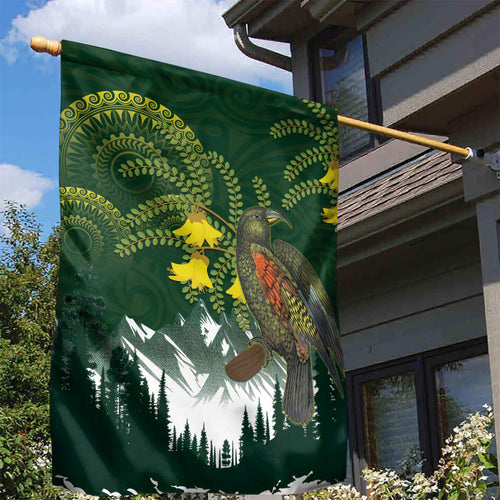 Kea Bird Kowhai New Zealand Garden Flag Mountain Landscape Maori Art