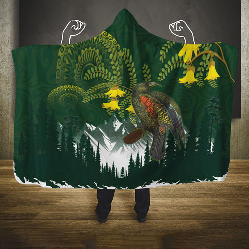 Kea Bird Kowhai New Zealand Hooded Blanket Mountain Landscape Maori Art