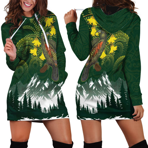 Kea Bird Kowhai New Zealand Hoodie Dress Mountain Landscape Maori Art