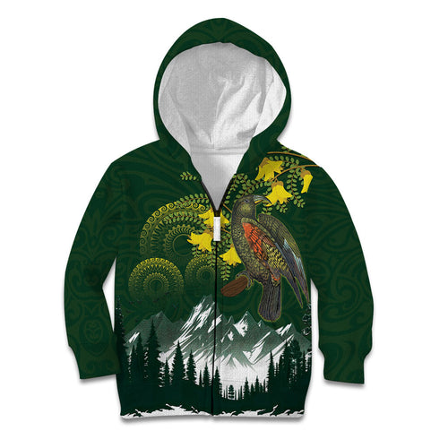 Kea Bird Kowhai New Zealand Kid Hoodie Mountain Landscape Maori Art