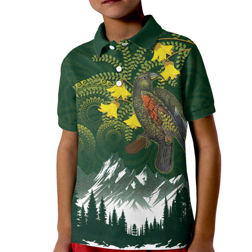 Kea Bird Kowhai New Zealand Kid Polo Shirt Mountain Landscape Maori Art