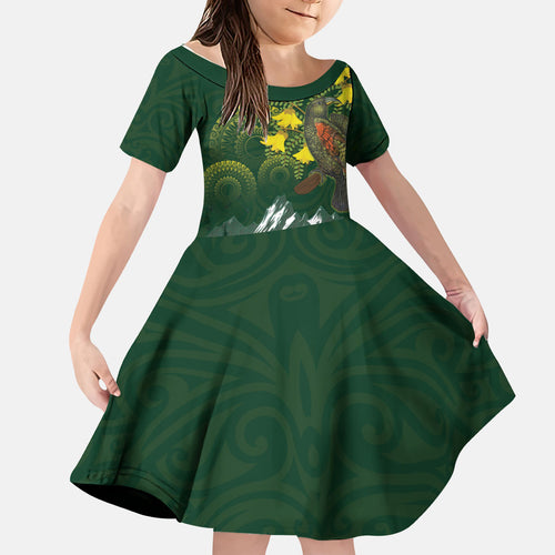 Kea Bird Kowhai New Zealand Kid Short Sleeve Dress Mountain Landscape Maori Art