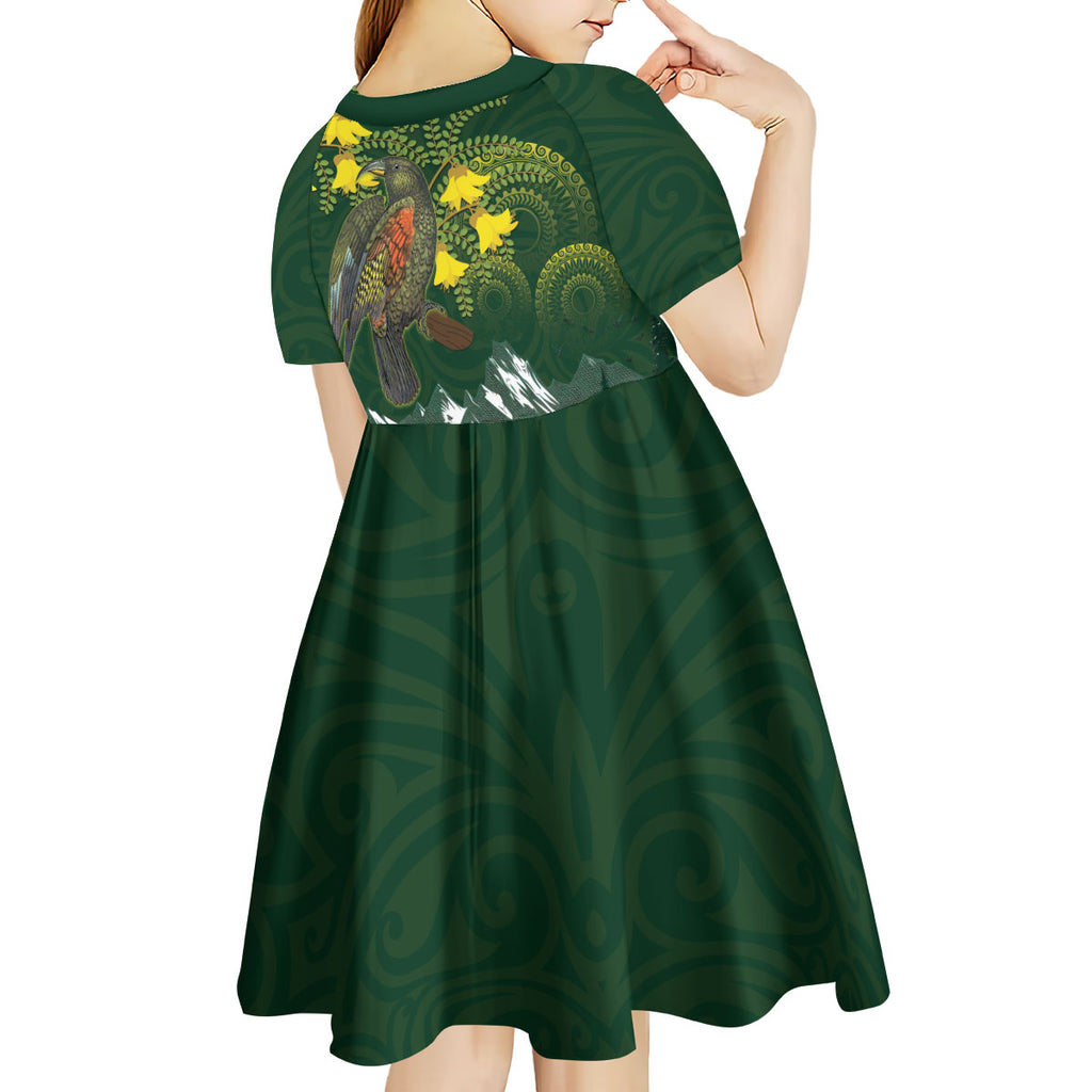 Kea Bird Kowhai New Zealand Kid Short Sleeve Dress Mountain Landscape Maori Art