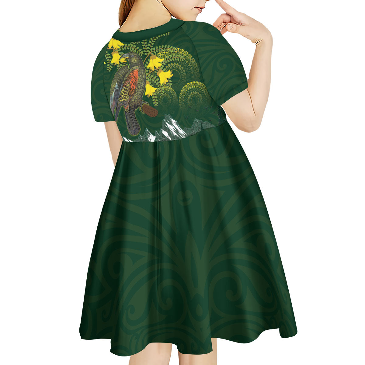 Kea Bird Kowhai New Zealand Kid Short Sleeve Dress Mountain Landscape Maori Art