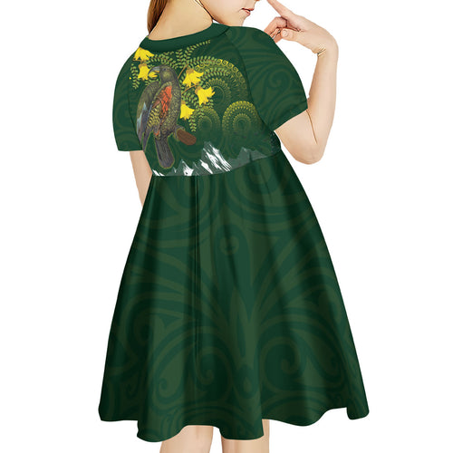 Kea Bird Kowhai New Zealand Kid Short Sleeve Dress Mountain Landscape Maori Art