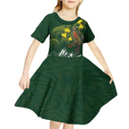 Kea Bird Kowhai New Zealand Kid Short Sleeve Dress Mountain Landscape Maori Art