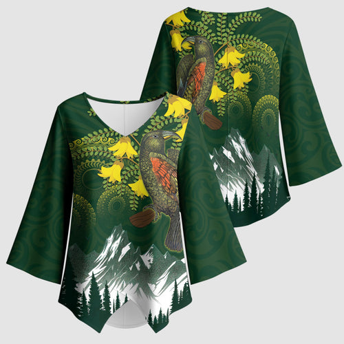 Kea Bird Kowhai New Zealand Kimono Sleeve Blouse Mountain Landscape Maori Art