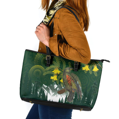 Kea Bird Kowhai New Zealand Leather Tote Bag Mountain Landscape Maori Art