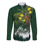 Kea Bird Kowhai New Zealand Long Sleeve Button Shirt Mountain Landscape Maori Art
