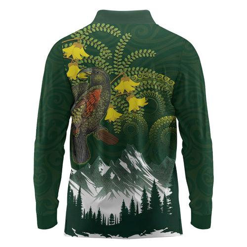 Kea Bird Kowhai New Zealand Long Sleeve Polo Shirt Mountain Landscape Maori Art