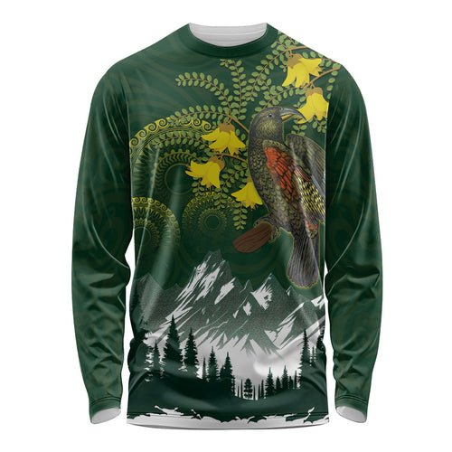 Kea Bird Kowhai New Zealand Long Sleeve Shirt Mountain Landscape Maori Art