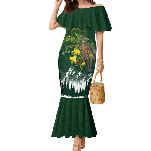 Kea Bird Kowhai New Zealand Mermaid Dress Mountain Landscape Maori Art