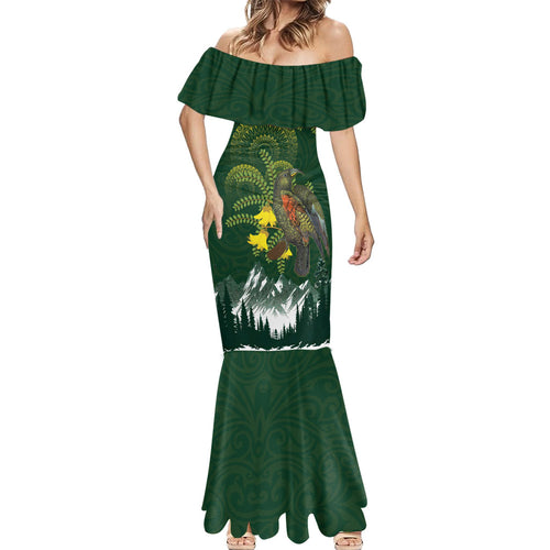 Kea Bird Kowhai New Zealand Mermaid Dress Mountain Landscape Maori Art