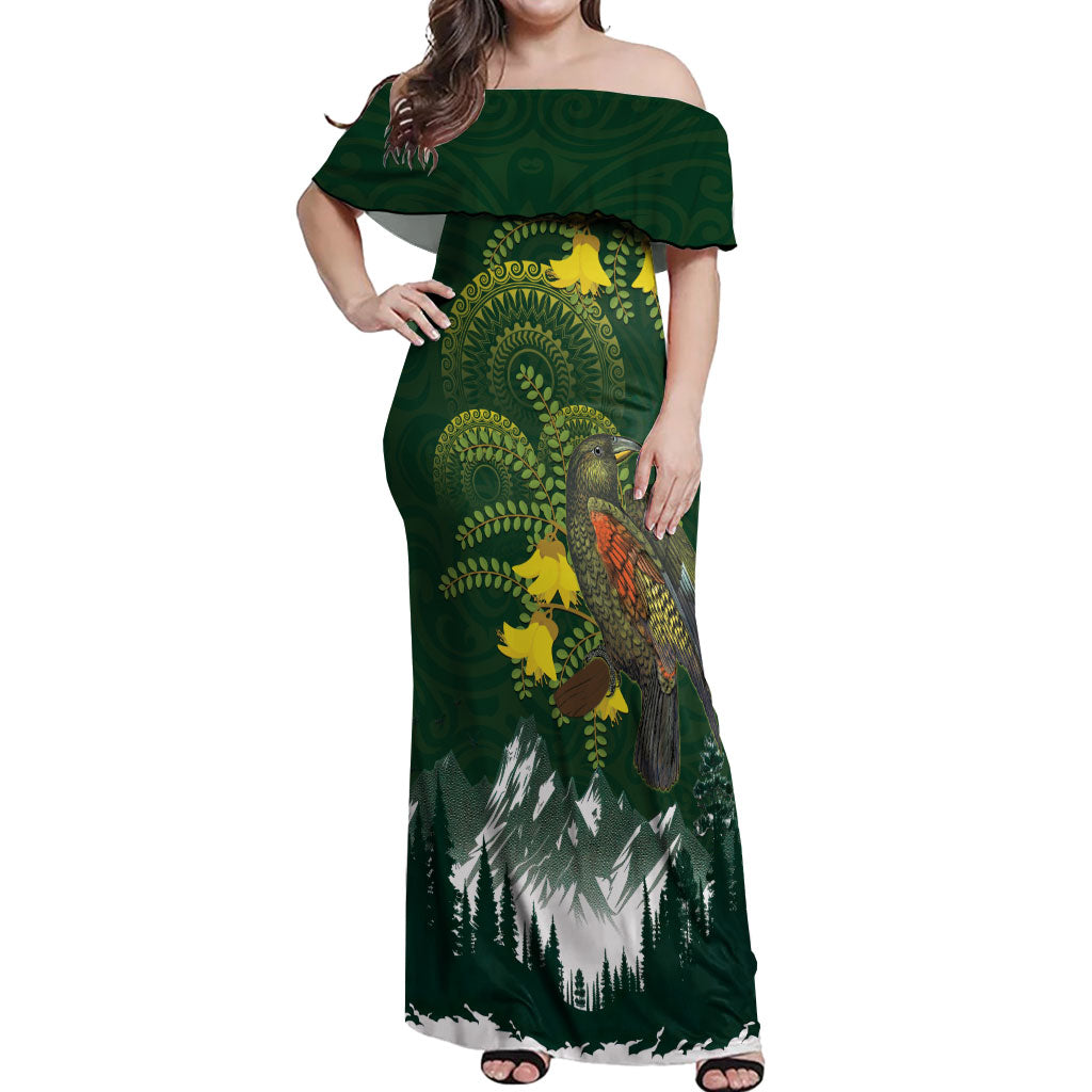 Kea Bird Kowhai New Zealand Off Shoulder Maxi Dress Mountain Landscape Maori Art