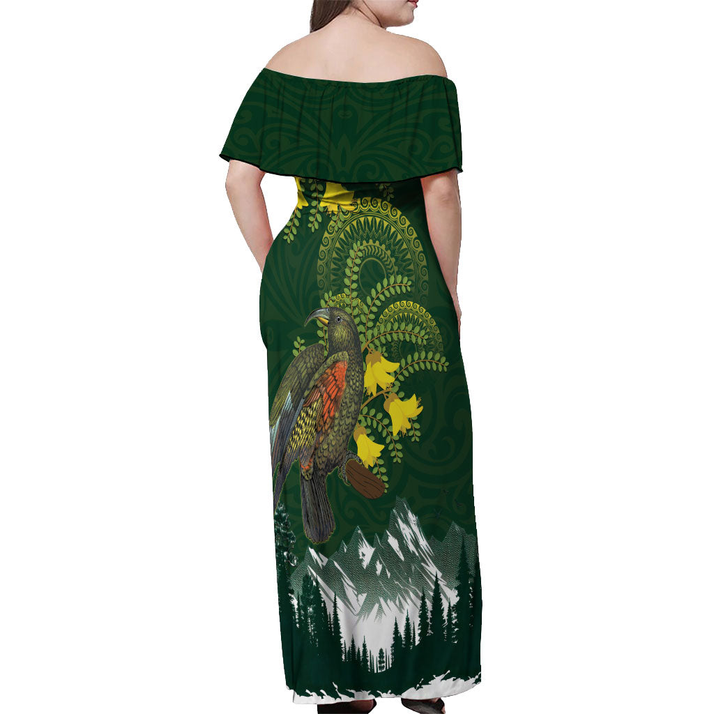 Kea Bird Kowhai New Zealand Off Shoulder Maxi Dress Mountain Landscape Maori Art