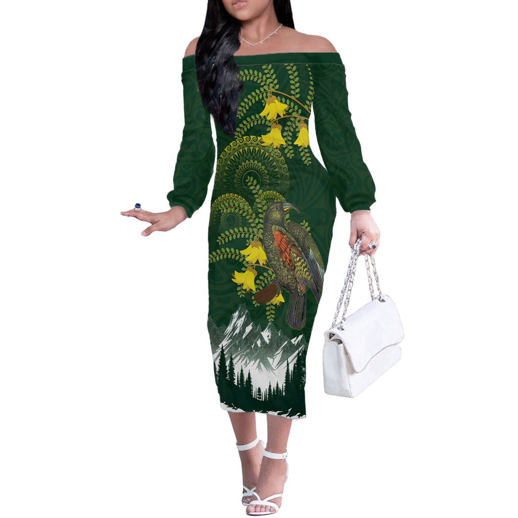Kea Bird Kowhai New Zealand Off The Shoulder Long Sleeve Dress Mountain Landscape Maori Art