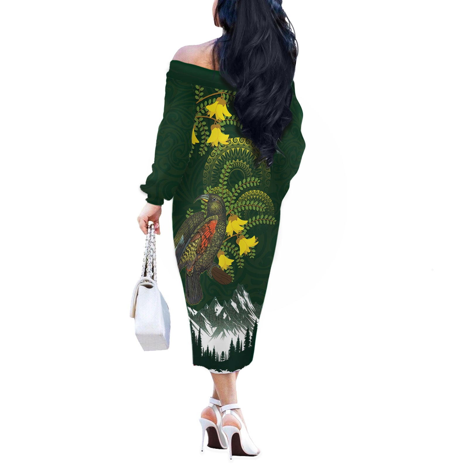 Kea Bird Kowhai New Zealand Off The Shoulder Long Sleeve Dress Mountain Landscape Maori Art
