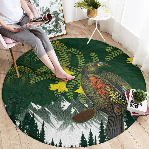 Kea Bird Kowhai New Zealand Round Carpet Mountain Landscape Maori Art