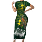 Kea Bird Kowhai New Zealand Short Sleeve Bodycon Dress Mountain Landscape Maori Art