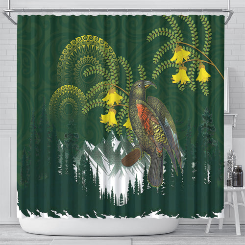Kea Bird Kowhai New Zealand Shower Curtain Mountain Landscape Maori Art
