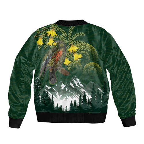 Kea Bird Kowhai New Zealand Sleeve Zip Bomber Jacket Mountain Landscape Maori Art
