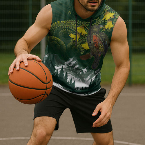Kea Bird Kowhai New Zealand Sleeveless Hoodie Mountain Landscape Maori Art