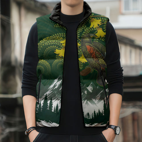 Kea Bird Kowhai New Zealand Sleeveless Puffer Jacket Mountain Landscape Maori Art