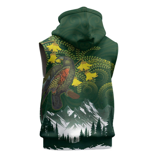 Kea Bird Kowhai New Zealand Sleeveless Zip Hoodie Mountain Landscape Maori Art