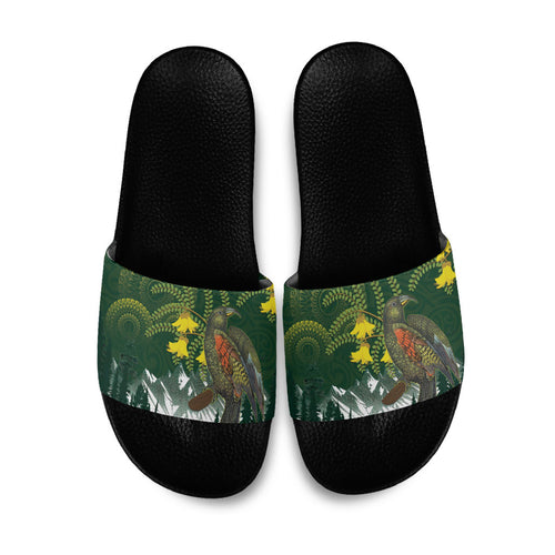 Kea Bird Kowhai New Zealand Slide Sandals Mountain Landscape Maori Art