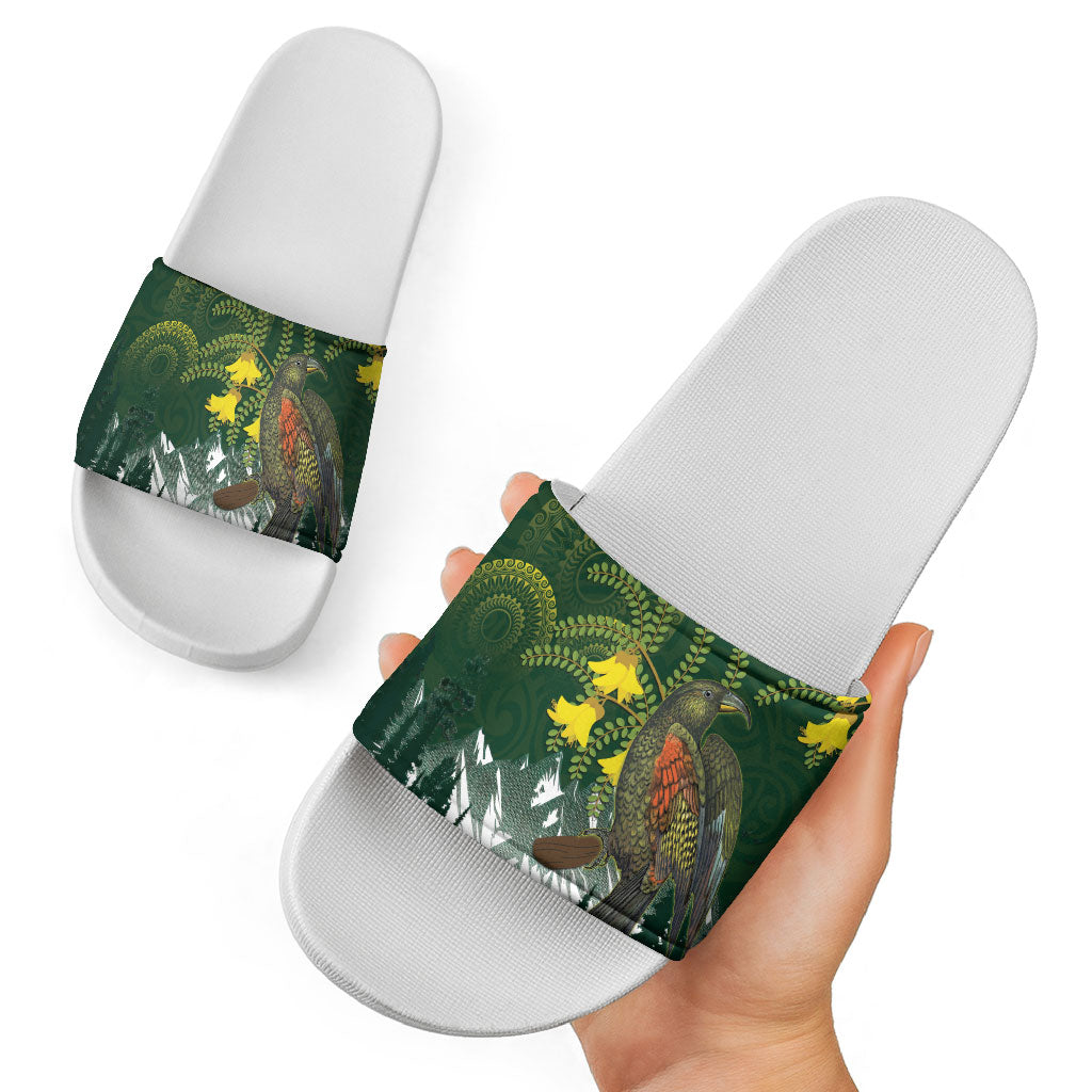 Kea Bird Kowhai New Zealand Slide Sandals Mountain Landscape Maori Art