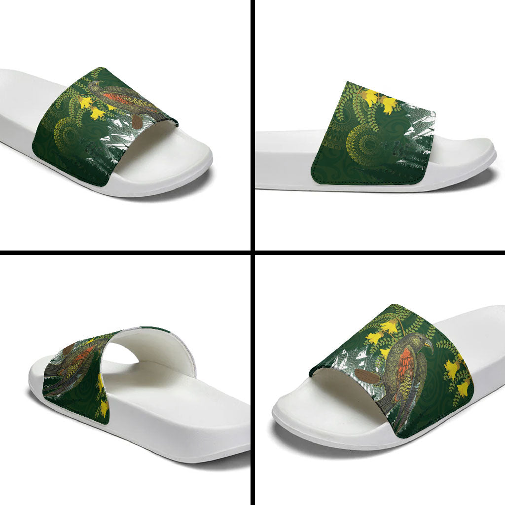 Kea Bird Kowhai New Zealand Slide Sandals Mountain Landscape Maori Art