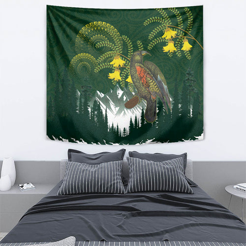 Kea Bird Kowhai New Zealand Tapestry Mountain Landscape Maori Art