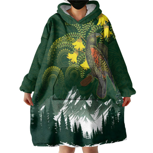 Kea Bird Kowhai New Zealand Wearable Blanket Hoodie Mountain Landscape Maori Art