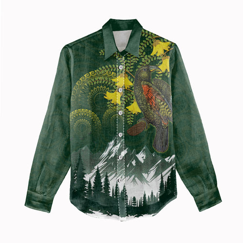 Kea Bird Kowhai New Zealand Women Casual Shirt Mountain Landscape Maori Art