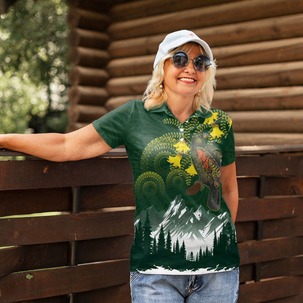 Kea Bird Kowhai New Zealand Women Polo Shirt Mountain Landscape Maori Art