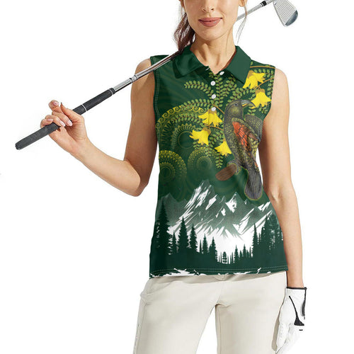 Kea Bird Kowhai New Zealand Women Sleeveless Polo Shirt Mountain Landscape Maori Art