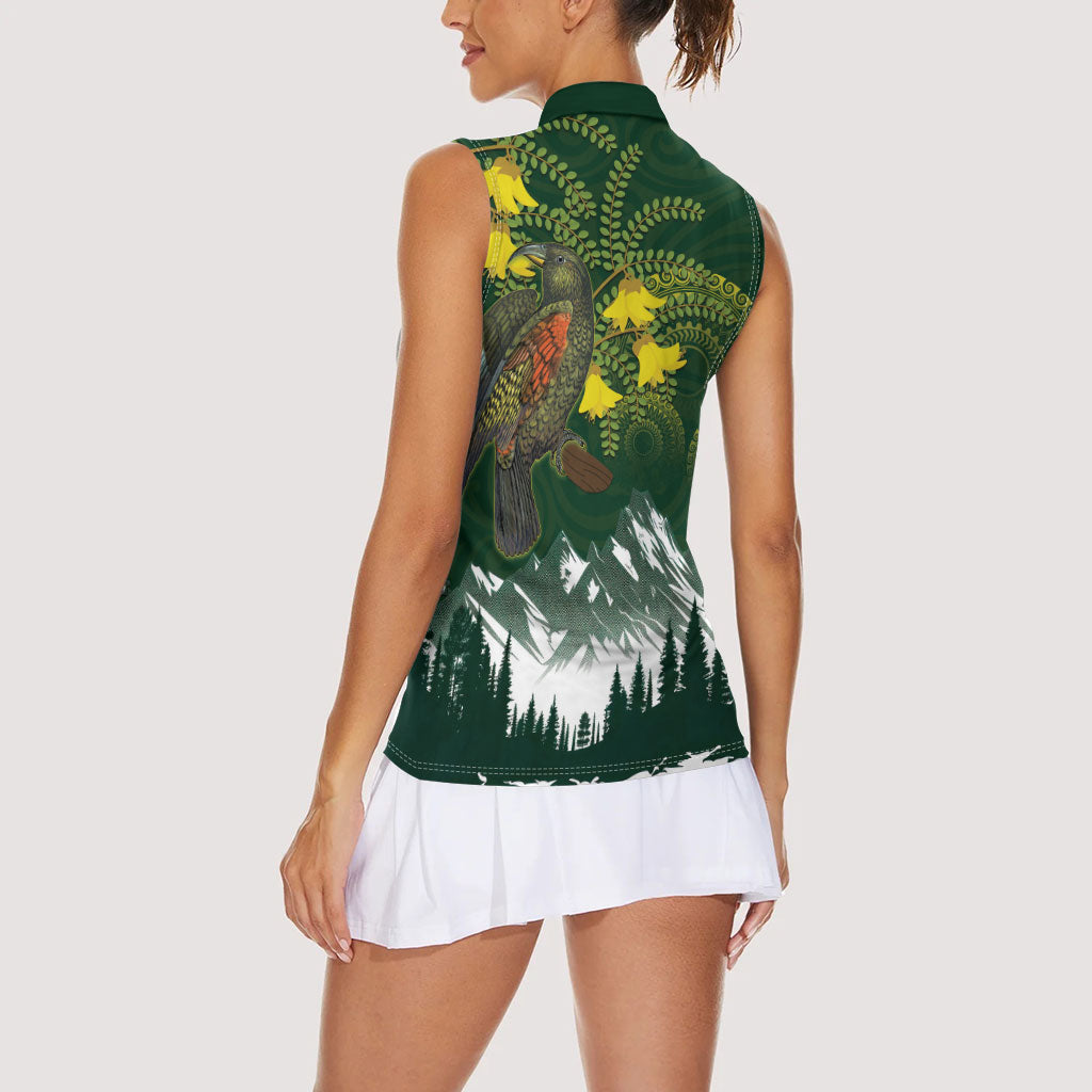 Kea Bird Kowhai New Zealand Women Sleeveless Polo Shirt Mountain Landscape Maori Art