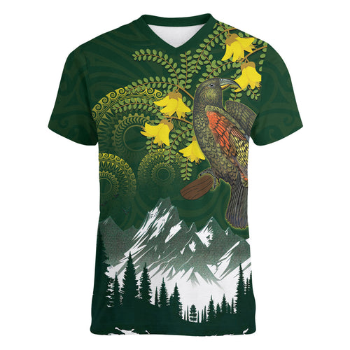 Kea Bird Kowhai New Zealand Women V-Neck T-Shirt Mountain Landscape Maori Art
