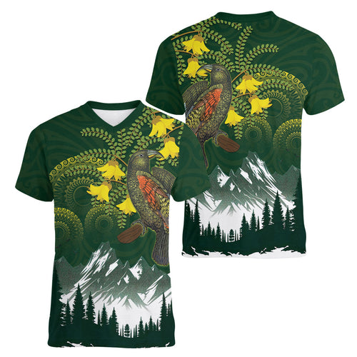 Kea Bird Kowhai New Zealand Women V-Neck T-Shirt Mountain Landscape Maori Art
