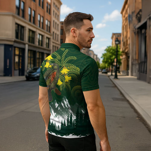 Kea Bird Kowhai New Zealand Zipper Polo Shirt Mountain Landscape Maori Art