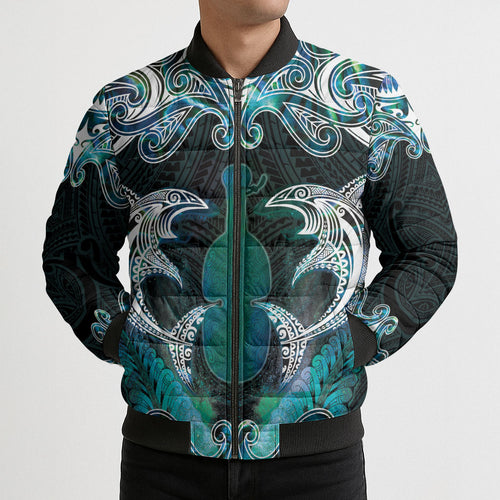 New Zealand Kotiate Weapon Bomber Puffer Jacket Aotearoa Mango Paua Shell Maori Pattern