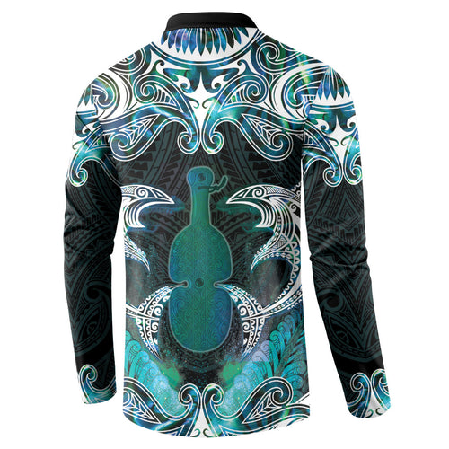 New Zealand Kotiate Weapon Button Sweatshirt Aotearoa Mango Paua Shell Maori Pattern