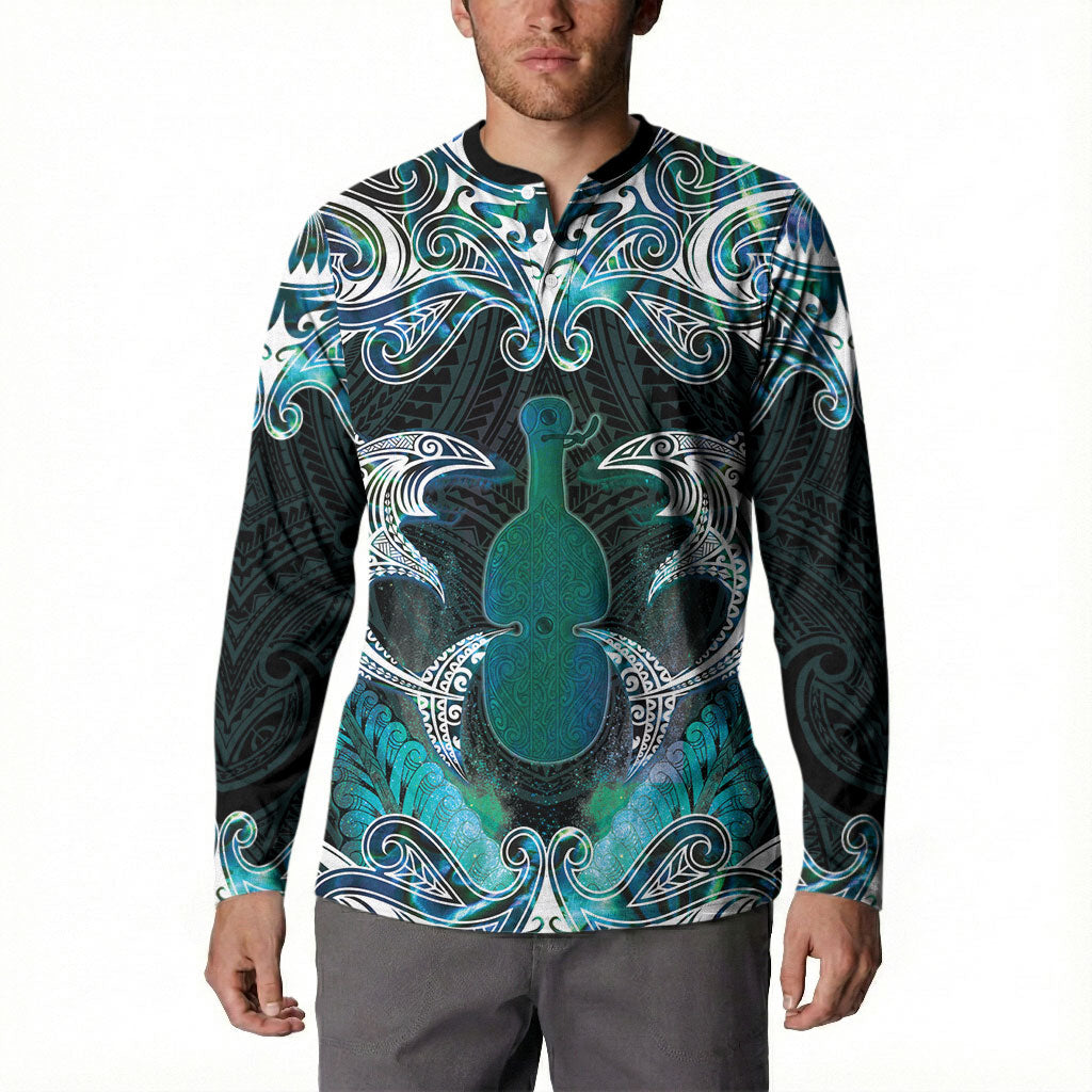New Zealand Kotiate Weapon Button Sweatshirt Aotearoa Mango Paua Shell Maori Pattern
