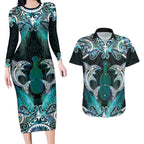 New Zealand Kotiate Weapon Couples Matching Long Sleeve Bodycon Dress and Hawaiian Shirt Aotearoa Mango Paua Shell Maori Pattern