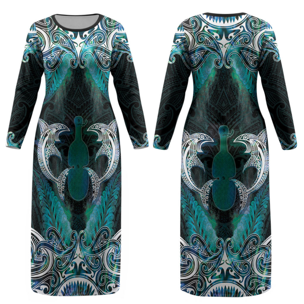 New Zealand Kotiate Weapon Couples Matching Long Sleeve Bodycon Dress and Hawaiian Shirt Aotearoa Mango Paua Shell Maori Pattern LT22