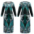 New Zealand Kotiate Weapon Couples Matching Long Sleeve Bodycon Dress and Hawaiian Shirt Aotearoa Mango Paua Shell Maori Pattern LT22