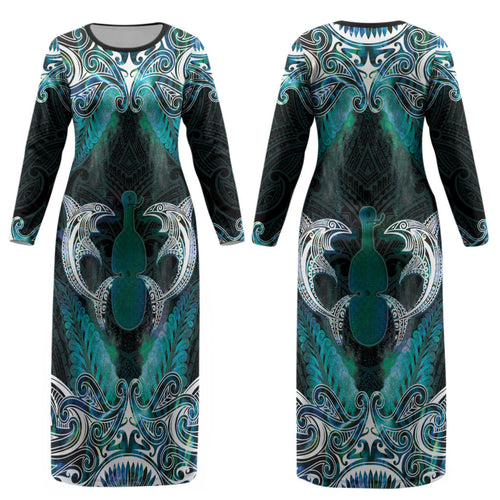 New Zealand Kotiate Weapon Couples Matching Long Sleeve Bodycon Dress and Hawaiian Shirt Aotearoa Mango Paua Shell Maori Pattern LT22