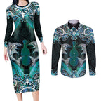 New Zealand Kotiate Weapon Couples Matching Long Sleeve Bodycon Dress and Long Sleeve Button Shirt Aotearoa Mango Paua Shell Maori Pattern