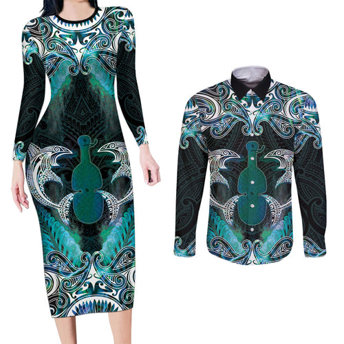 New Zealand Kotiate Weapon Couples Matching Long Sleeve Bodycon Dress and Long Sleeve Button Shirt Aotearoa Mango Paua Shell Maori Pattern